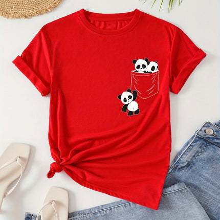 Adorable Panda Print Womens Clothing T-Shirt - Comfortable Crew Neck Short Sleeves for Summer