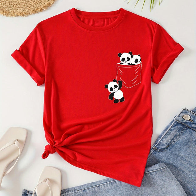 Adorable Panda Print Womens Clothing T-Shirt - Comfortable Crew Neck Short Sleeves for Summer