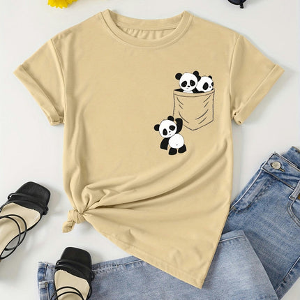 Adorable Panda Print Womens Clothing T-Shirt - Comfortable Crew Neck Short Sleeves for Summer