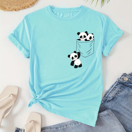 Adorable Panda Print Womens Clothing T-Shirt - Comfortable Crew Neck Short Sleeves for Summer