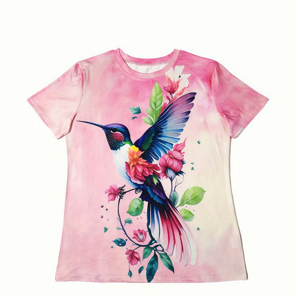 Vibrant Bird Print Crew Neck  Relaxed Fit T-Shirt - Soft, Breathable, Short Sleeve Top for Summer