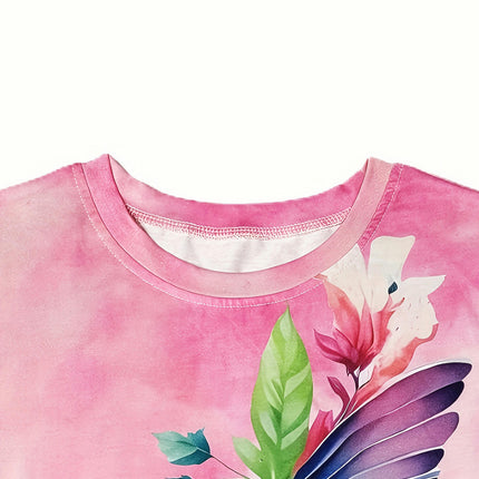 Vibrant Bird Print Crew Neck  Relaxed Fit T-Shirt - Soft, Breathable, Short Sleeve Top for Summer