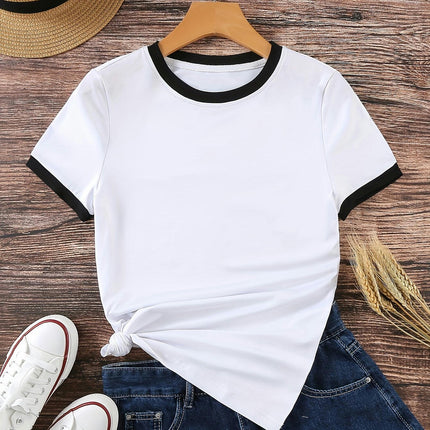Contrast Trim Short Sleeve T-shirt, Casual Crew Neck Top For Spring & Summer, Women's Clothing