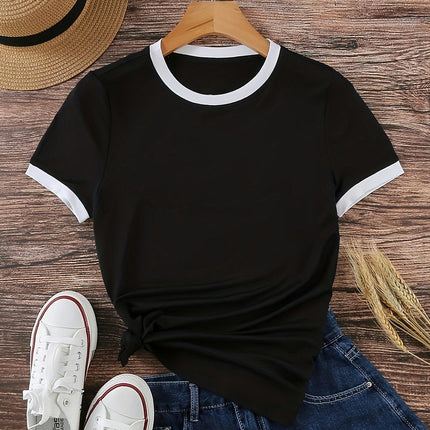 Contrast Trim Short Sleeve T-shirt, Casual Crew Neck Top For Spring & Summer, Women's Clothing