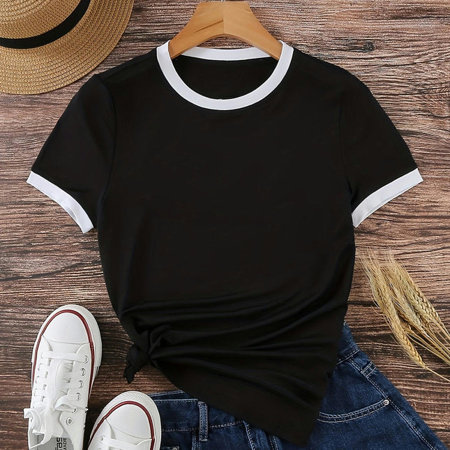 Contrast Trim Short Sleeve T-shirt, Casual Crew Neck Top For Spring & Summer, Women's Clothing