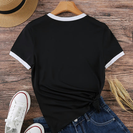 Contrast Trim Short Sleeve T-shirt, Casual Crew Neck Top For Spring & Summer, Women's Clothing