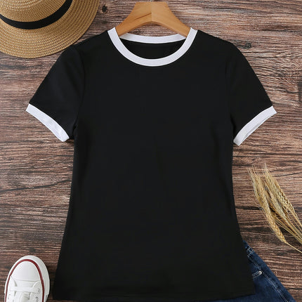 Contrast Trim Short Sleeve T-shirt, Casual Crew Neck Top For Spring & Summer, Women's Clothing