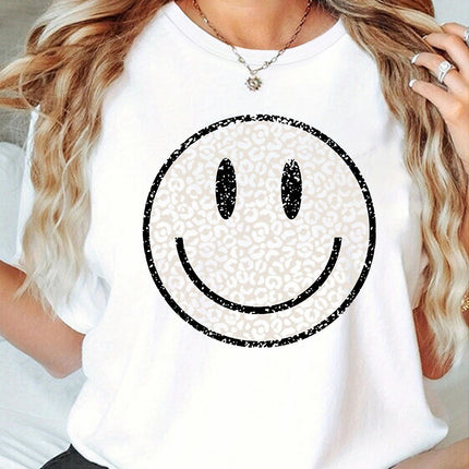 Smile Face Print T-Shirt for Women-Crew Neck, Short Sleeve, Lightweight, Comfortable,Summer Top