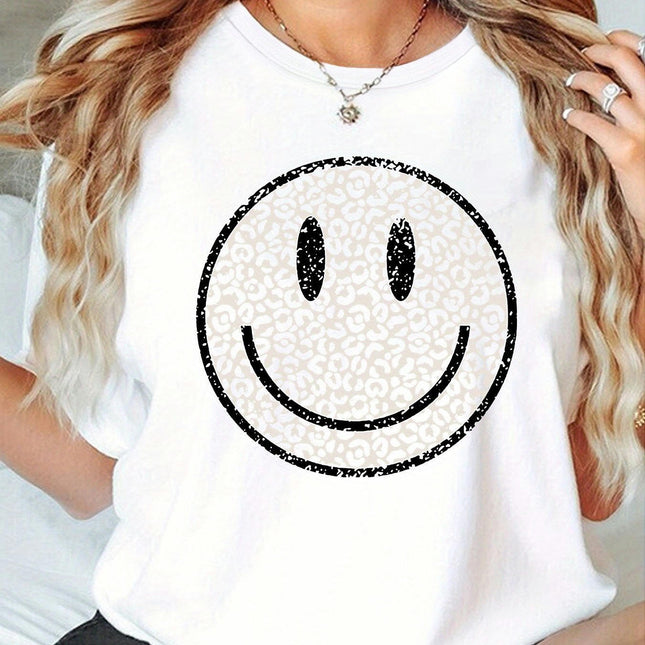 Smile Face Print T-Shirt for Women-Crew Neck, Short Sleeve, Lightweight, Comfortable,Summer Top