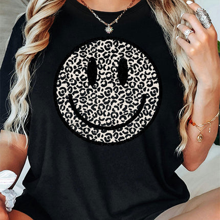 Smile Face Print T-Shirt for Women-Crew Neck, Short Sleeve, Lightweight, Comfortable,Summer Top