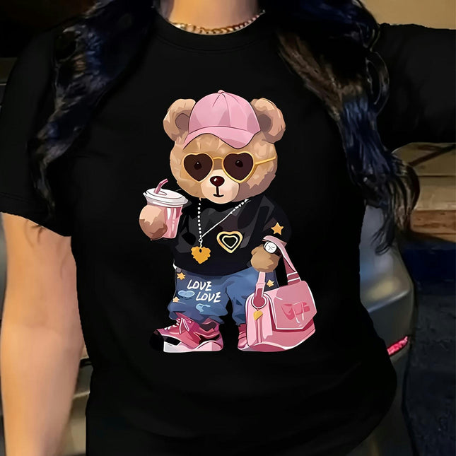 Teddy Bear Graphic Crew Neck Short Sleeve T-Shirt - Women's Soft Casual Summer & Spring Top
