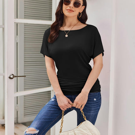 Casual Solid Short Sleeve Boat Neck T-Shirt With Side Shirring Loose Fit For Woman