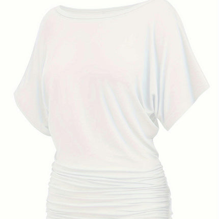Casual Solid Short Sleeve Boat Neck T-Shirt With Side Shirring Loose Fit For Woman
