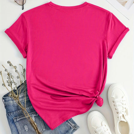 Leopard Heart & Letter Print Casual Women'sT-shirt, Crew Neck Short Sleeve Top For Summer