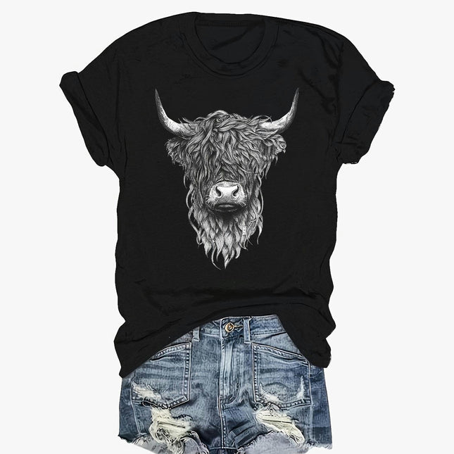 Women's Cow Head Print T-shirt, Short Sleeve Crew Neck Leisure T-shirt For Spring & Summer