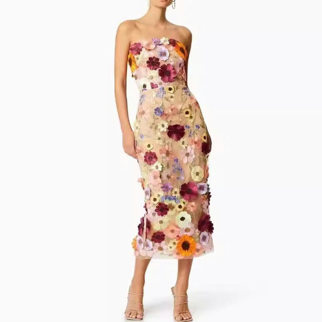 Women's Strapless Tube Top Long Sleeveless Floral Bodycon Midi Dresses