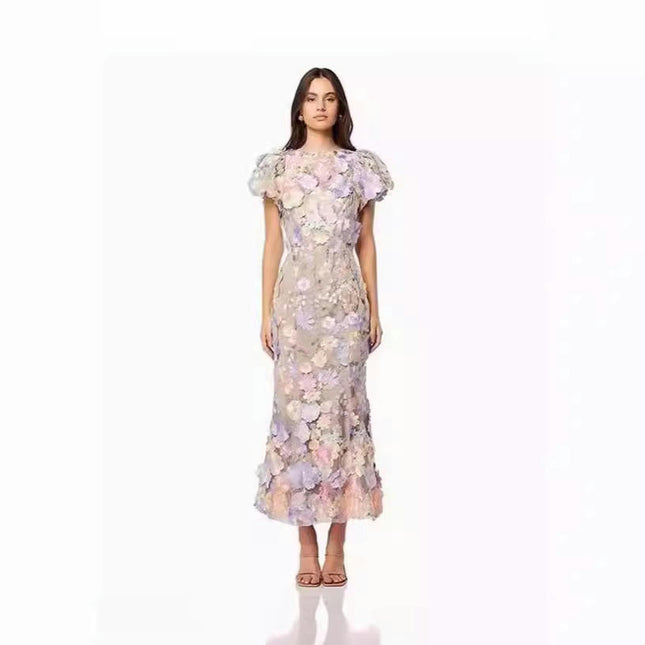 Women Floral Embroidery Dress Crew Neck Puff Short Sleeve Bodycon Midi Dress
