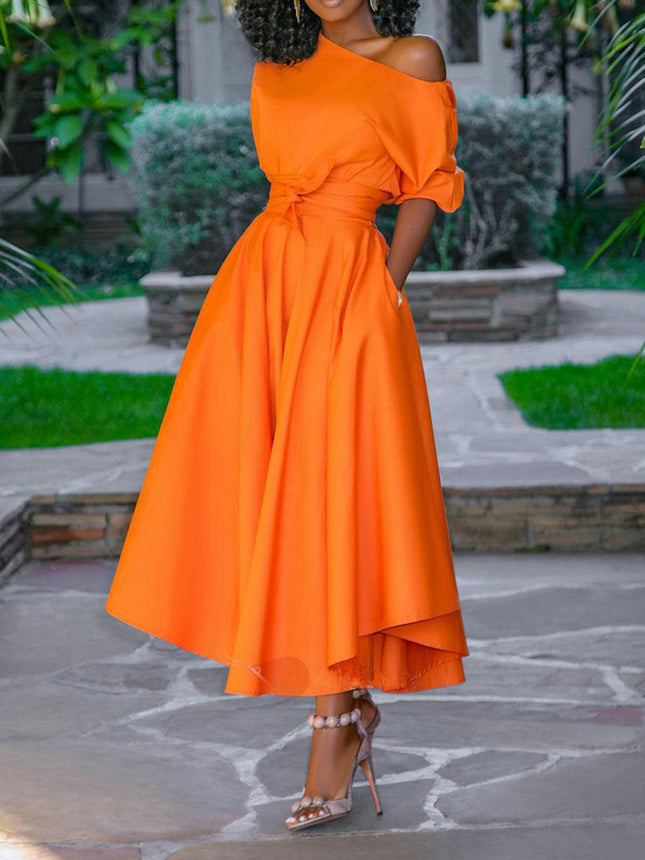Women's One Shoulder Dresses Short Sleeves Tie Waist A Line Flowy Midi Dress