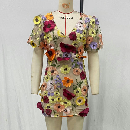 Women's Floral Embroidery Mini Dress Puff Short Sleeves V Neck Evening Formal Gown