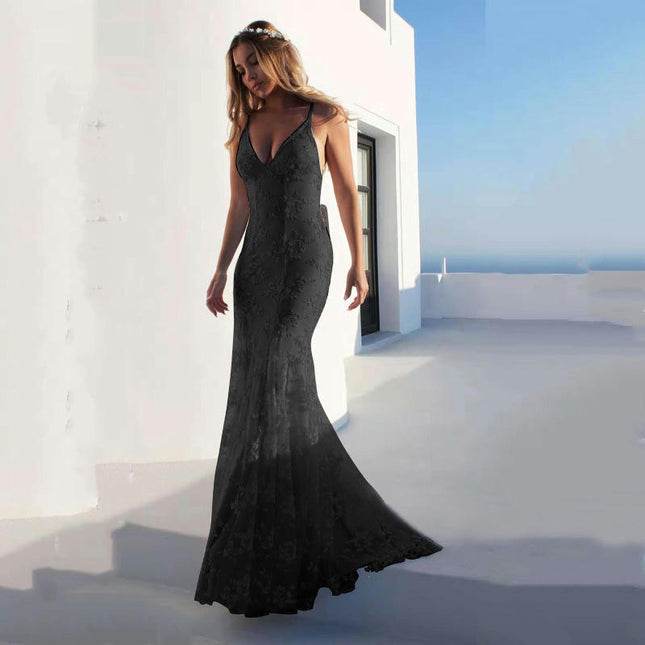 Spaghetti Straps Floral Lace Mermaid Prom Dresses for Women Backless Long Evening Formal Dress