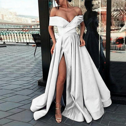 Off Shoulder Satin Prom Dresses Ball Gown Formal Dresses for Women Wedding Dress with Slit