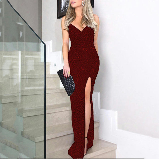 Women's Spaghetti Strap Bodycon Prom Dresses Long Sequin Formal Evening Gowns with Slit