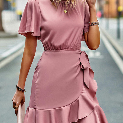 Womens Summer Dresses Crewneck Short Sleeve Tie Waist Ruffle A-Line Swing Mini Dress