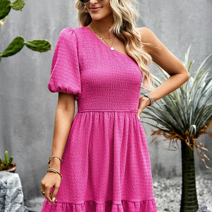Women Summer One Shoulder Dresses Casual Boho Smocked Ruffle Beach Swing Mini Dress