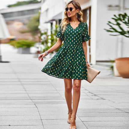 Womens Summer Mini Dress V Neck Short Sleeve A Line Ruffle Cute Casual Beach Dresses