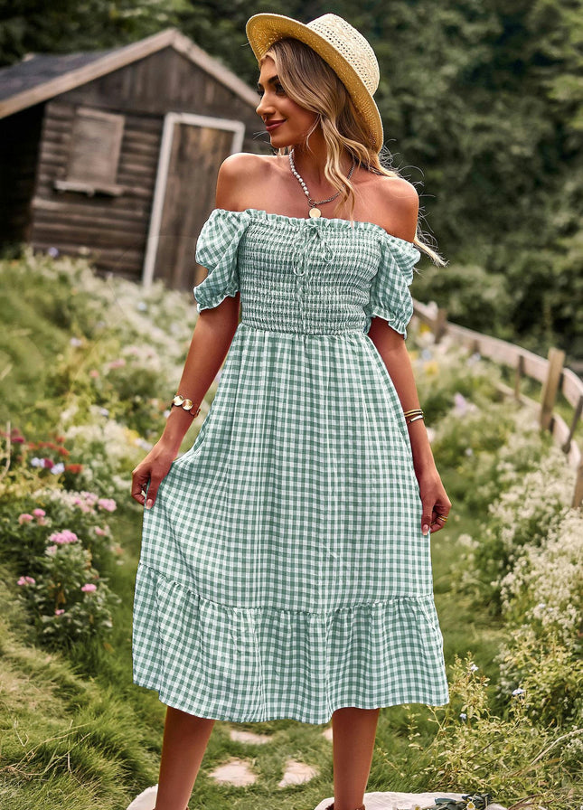 Womens Summer Square Neck Dresses Puff Short Sleeve Smocked Ruffle Flowy A Line Midi Dress