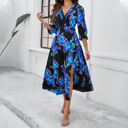 Women's Summer Maxi Dress Casual Boho Floral V Neck 3/4 Sleeve Ruffle Split Flowy Long Beach Dresses