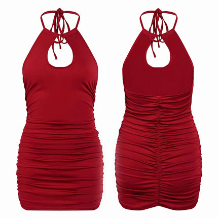Women's Summer Mini Dress Sleeveless Halter Neck Backless Ruched Bodycon Dresses