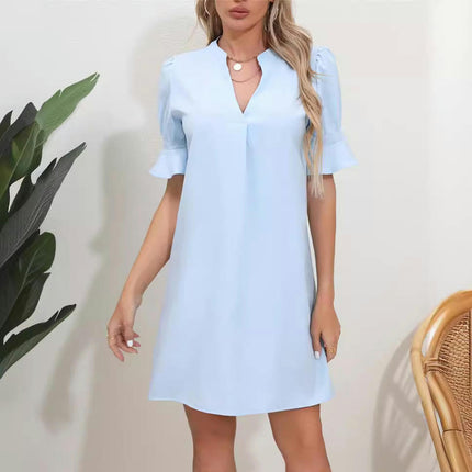 Shift Dress for Women V Neck Short Sleeves Solid Color Casual Flowy Summer Dresses
