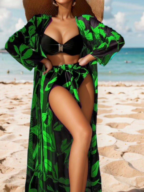 Women's Printed 3 Pieces High Waist Bikini Maxi Swimsuit Cover up