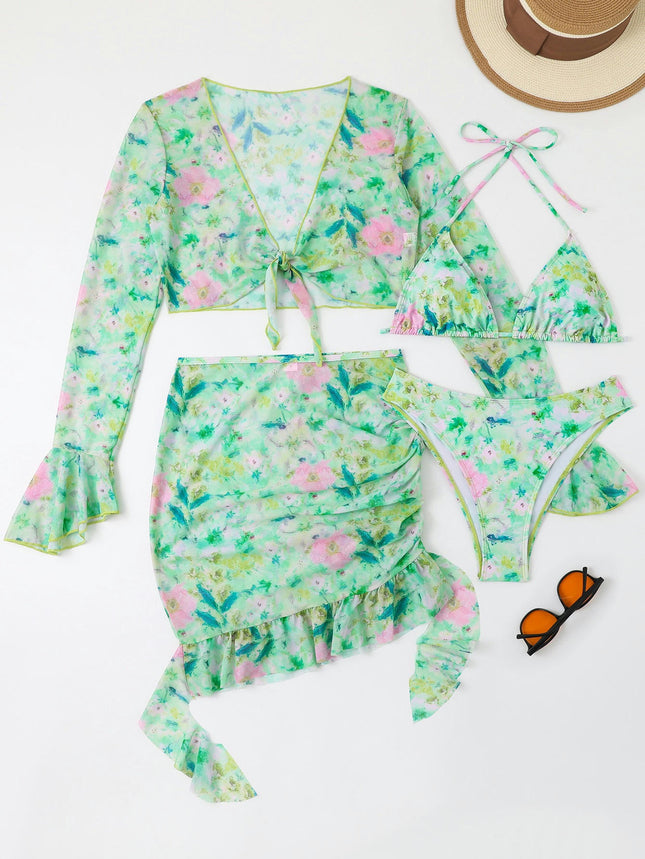 Women's 4 Piece Bikini Sets Sexy Swimsuit Bathing Suit Cover Up Skirts Set Swim Suits