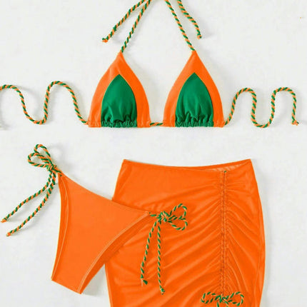 Women's String 3 Piece Halter Top Triangle Bikini Set with Drawstring Skirt Sexy Swimsuit Bathing Suits