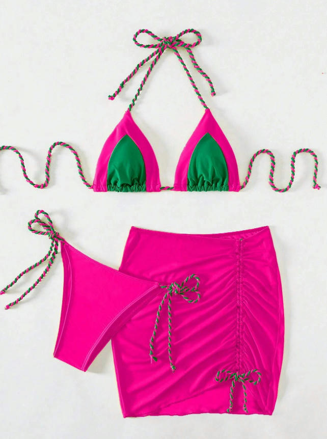 Women's String 3 Piece Halter Top Triangle Bikini Set with Drawstring Skirt Sexy Swimsuit Bathing Suits