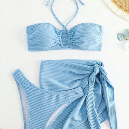 Sexy 3 Piece Bikini Set for Women String Tie Triangle Thong Halter Swimsuit with Cover Up Skirt