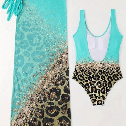 Sexy One Piece Swimsuit with Beach Coverups Printed Bikini Set Two Piece Wrap Skirt Bathing Suit