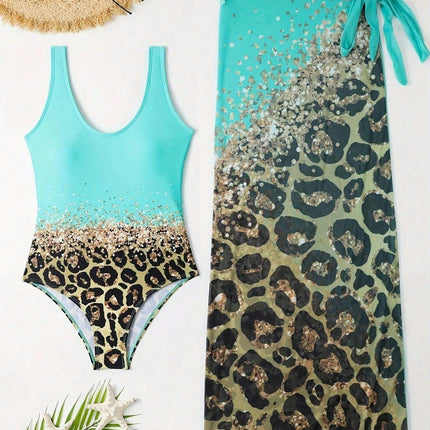 Sexy One Piece Swimsuit with Beach Coverups Printed Bikini Set Two Piece Wrap Skirt Bathing Suit