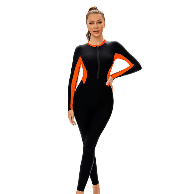 Women's Full Body Swimsuit Rash Guard One Piece Zipper Long Sleeve Long Leg Swimwear