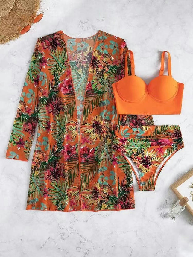 Women's 3 Piece Swimsuit Sexy Push Up Floral Printed Bikini Set with Kimono Cover Ups