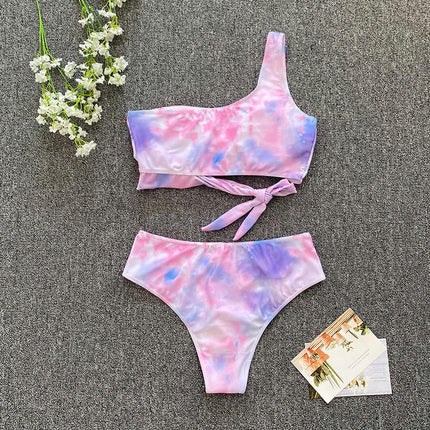Women One Shoulder High Waisted Bikini Tie High Cut Two Piece Swimsuits