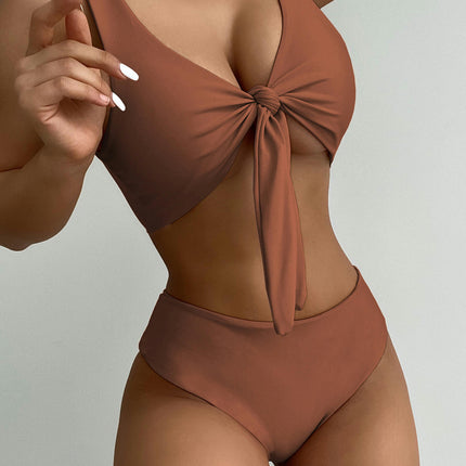 Women's Knot Front High Cut Thong Two Piece High Waist Bikini Set Swimsuit
