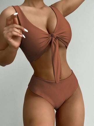Women's Knot Front High Cut Thong Two Piece High Waist Bikini Set Swimsuit
