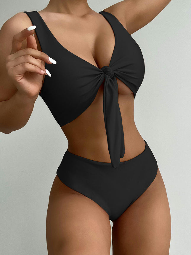 Women's Knot Front High Cut Thong Two Piece High Waist Bikini Set Swimsuit