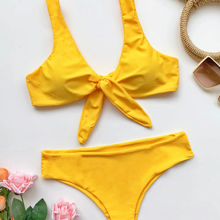 Women's Knot Front High Cut Thong Two Piece High Waist Bikini Set Swimsuit