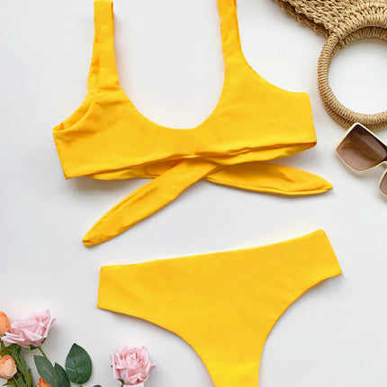 Women's Knot Front High Cut Thong Two Piece High Waist Bikini Set Swimsuit