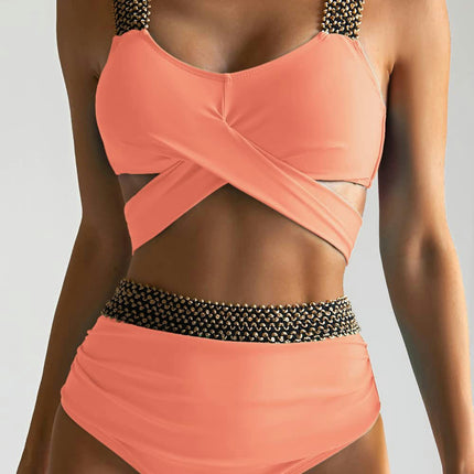 Women High Waisted Bikini Sets Tummy Control Swimsuits Color Block Two Piece Bathing Suit
