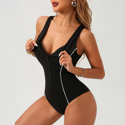 Womens Athletic One Piece Swimsuit Zipper Bathing Suit Sleeveless Swimwear